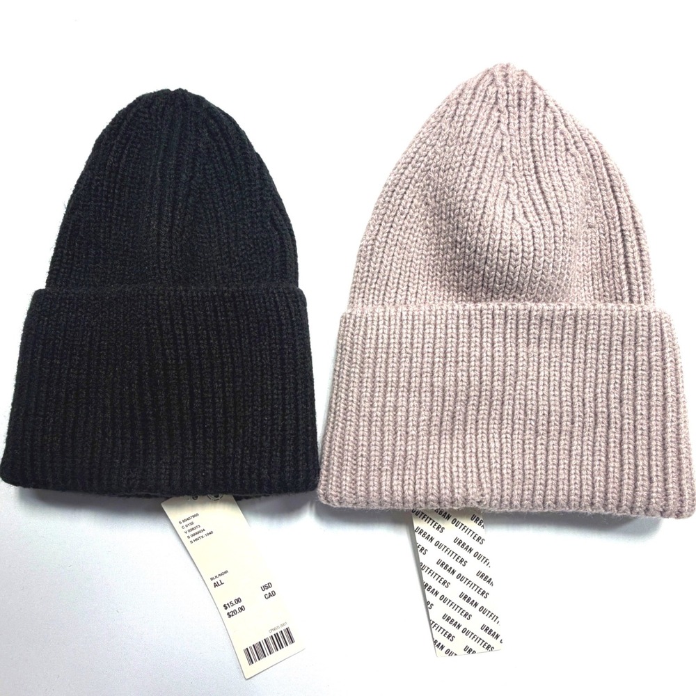 Urban Outfitters Ribbed Knit Beanie Hat Lot of 2 Black Taupe NWT One Size